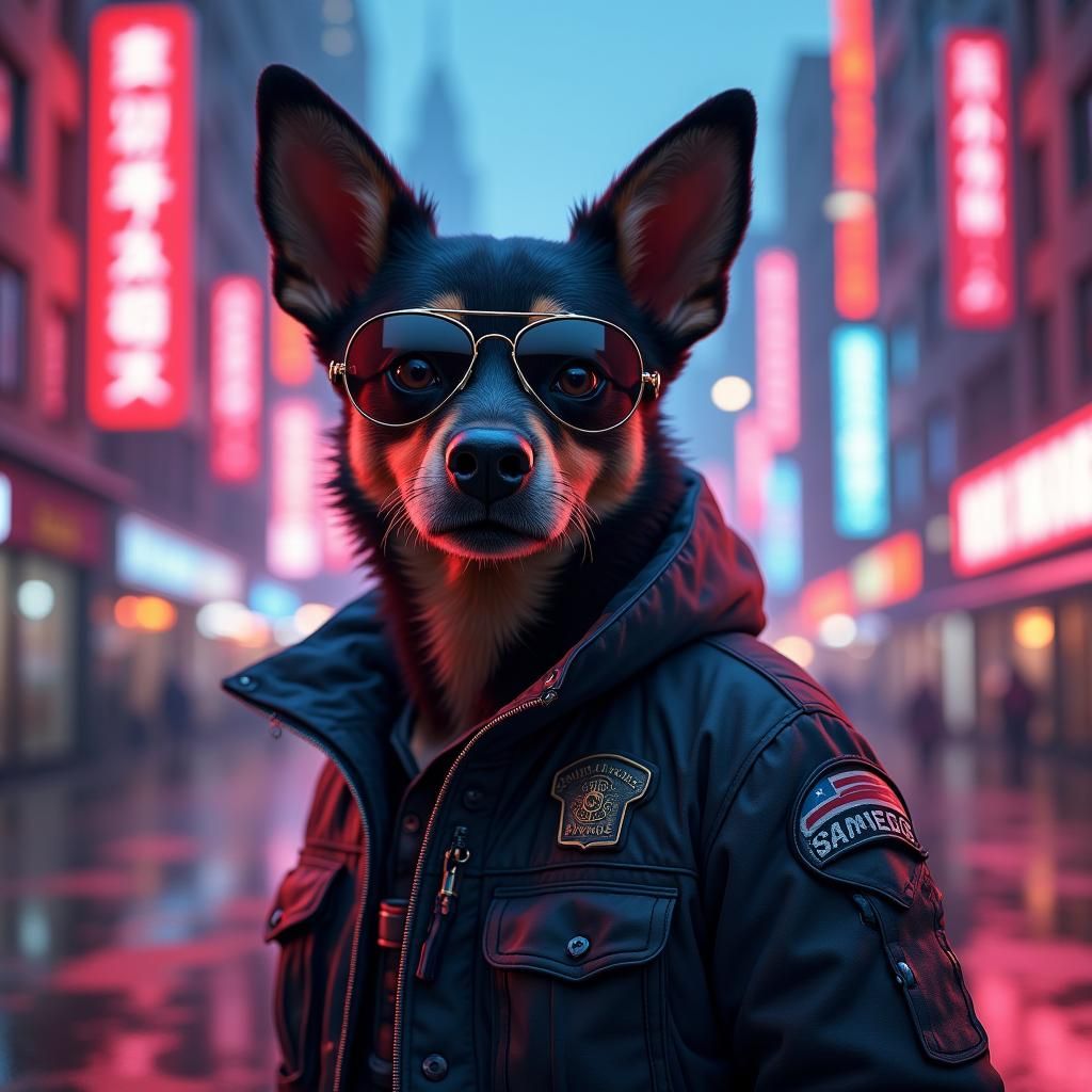 Cyberpunk Cop Dog in Neon Cityscape