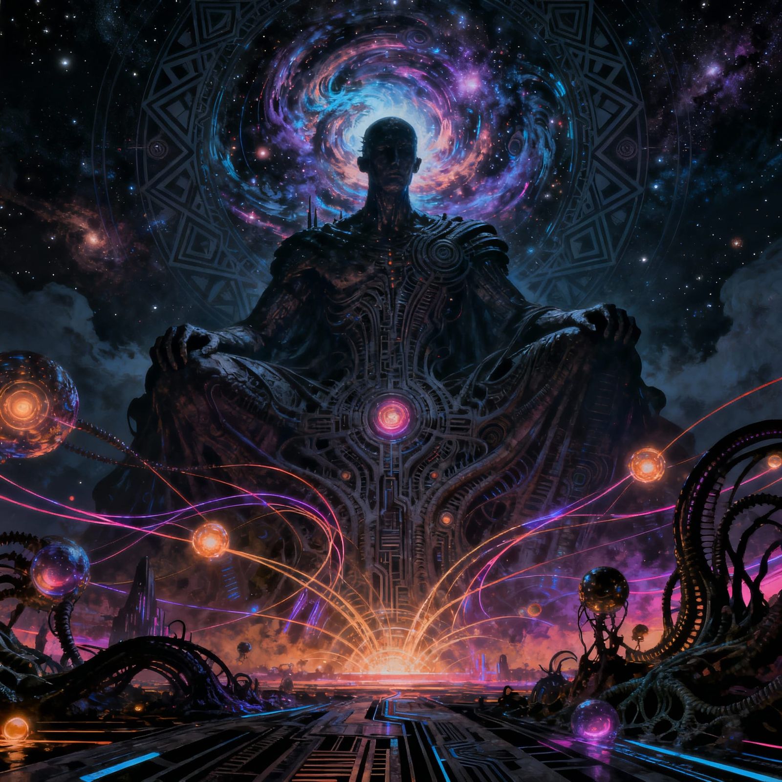 Cosmic Figure Oversees Dynamic Abstract Scene in Digital Mat...