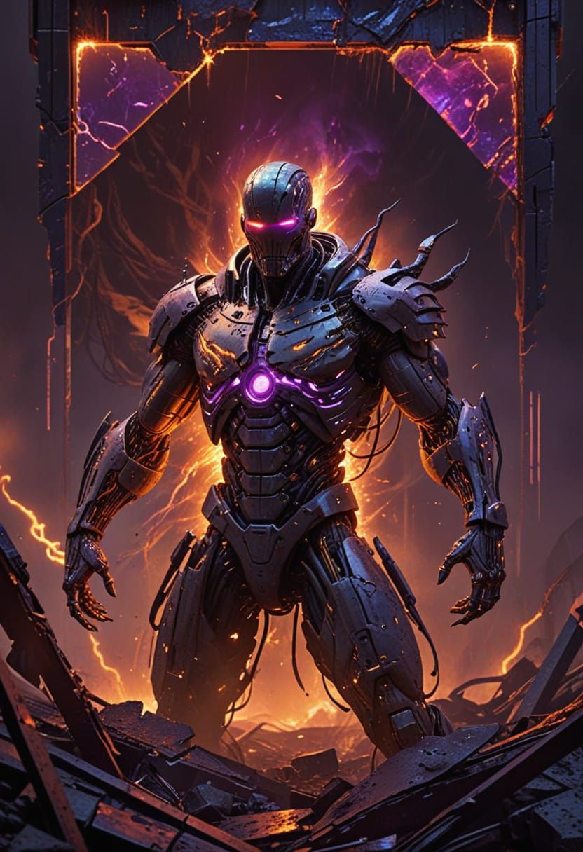 Cyberpunk War God in Shattered Landscape