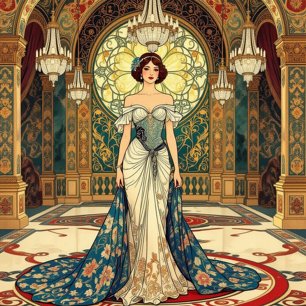 Elegant Woman in Lavish Ballroom, Art Nouveau Style