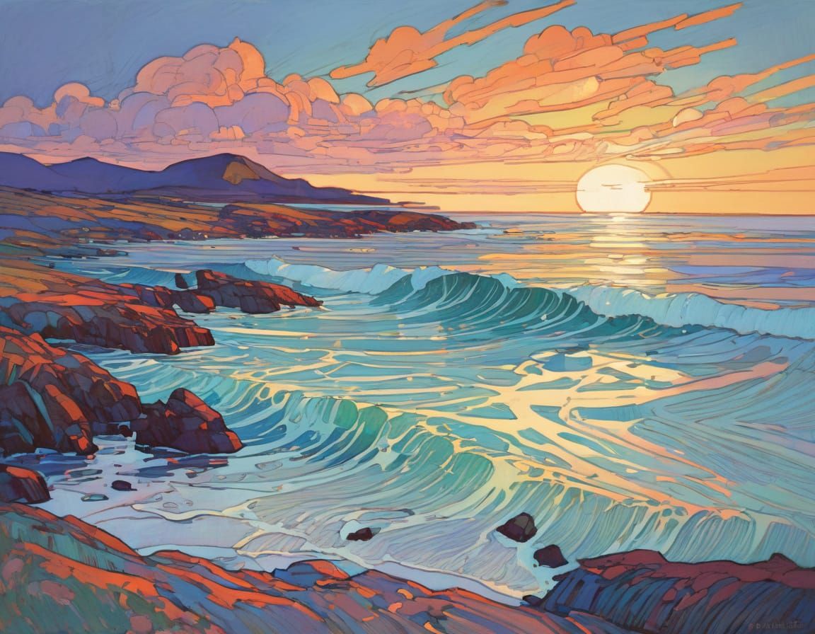 Vibrant Ocean Sunset in Impressionist Style
