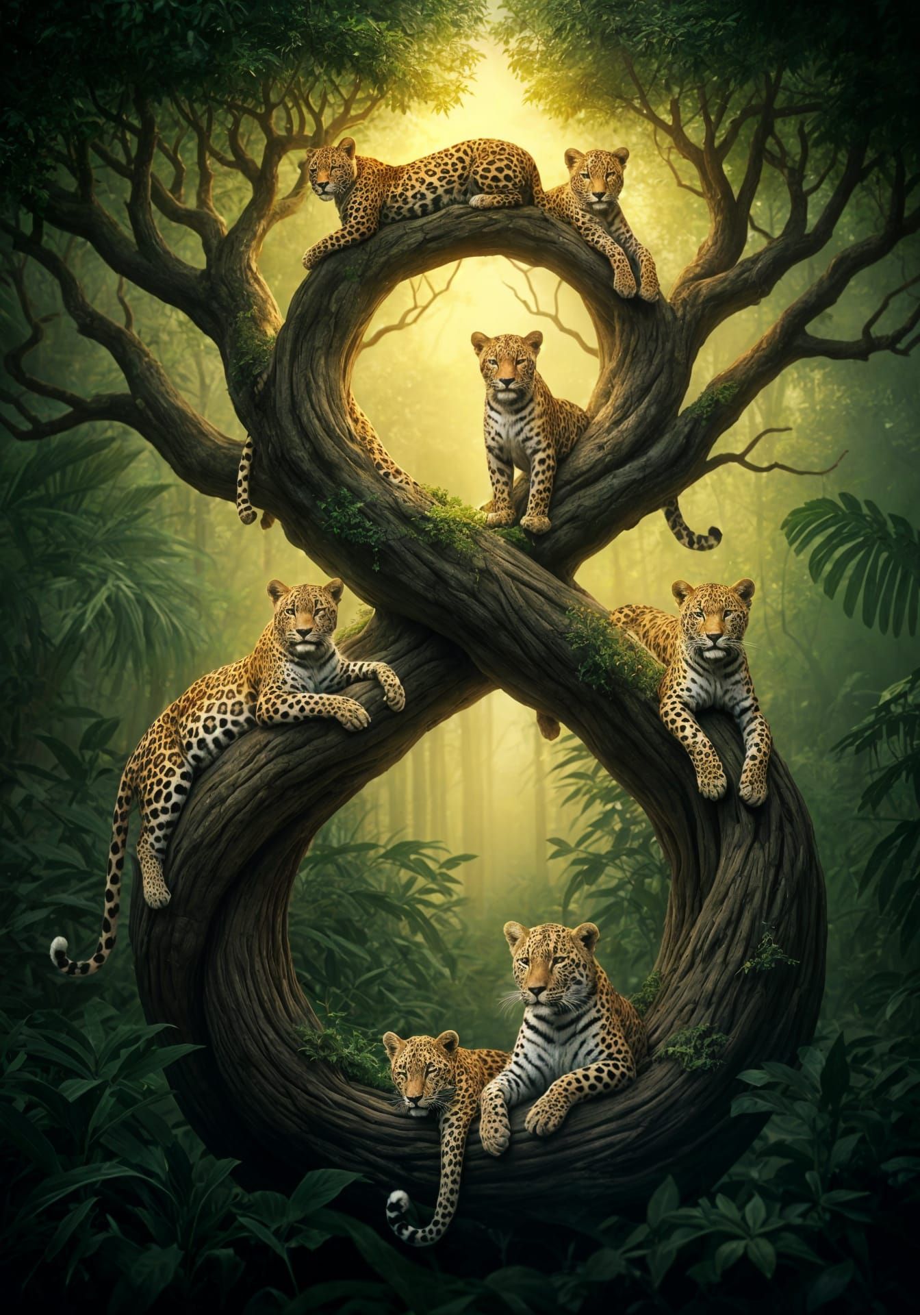 Surreal Jungle Scene with Eight Leopards in Hyperdetailed St...