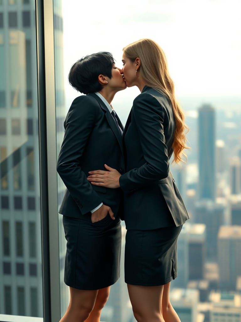 Lesbian Attorneys in Passionate Cityscape Kiss