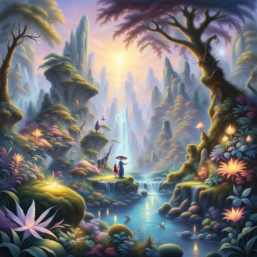 Ethereal Figures of Light in Shimmering Jungle