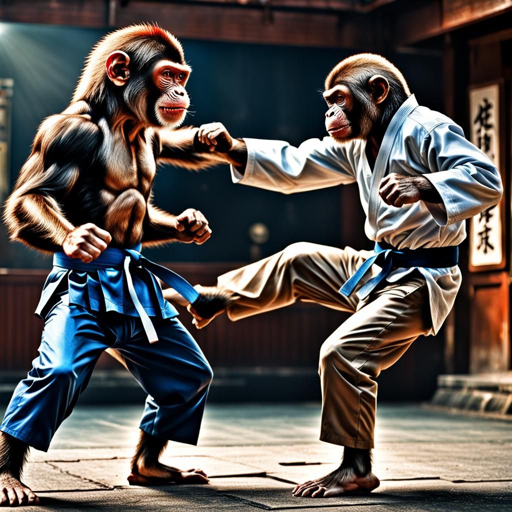Hyperrealistic Monkey in Karate Fight: Sharp Focus