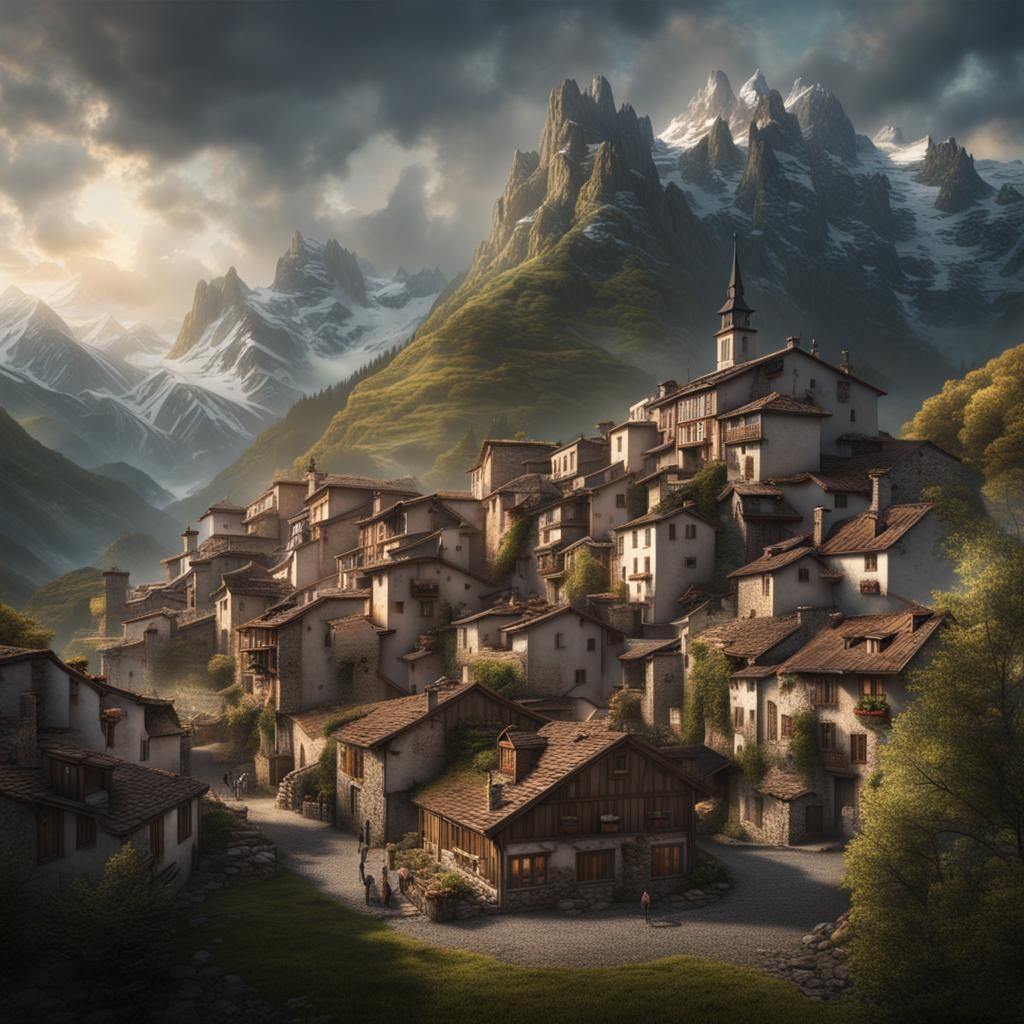 Picturesque Pyrenees Mountain Town: Digital Matte Painting