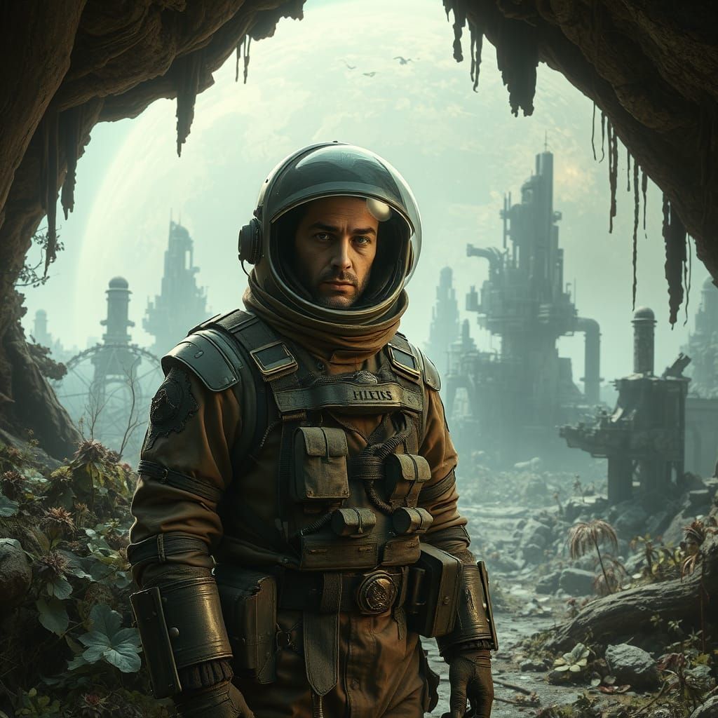 Steampunk Explorer in Alien Ruins with Ethereal Light