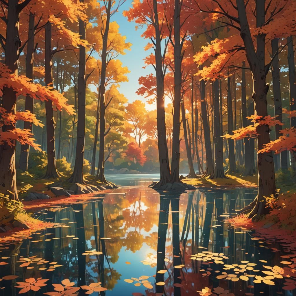 Autumn Trees Reflected in Lake: 3D Anime Art