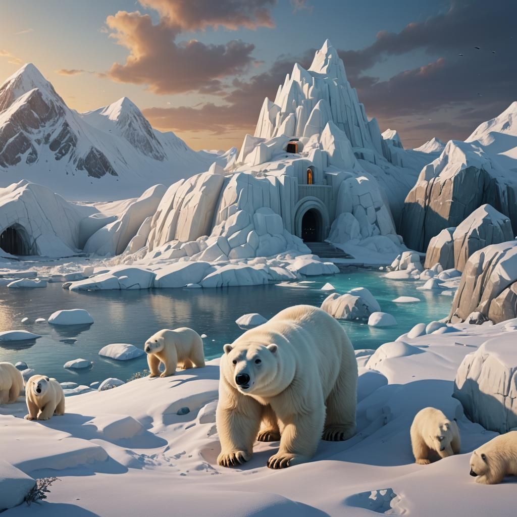 Polar Bear on Ice Floe at Sunset