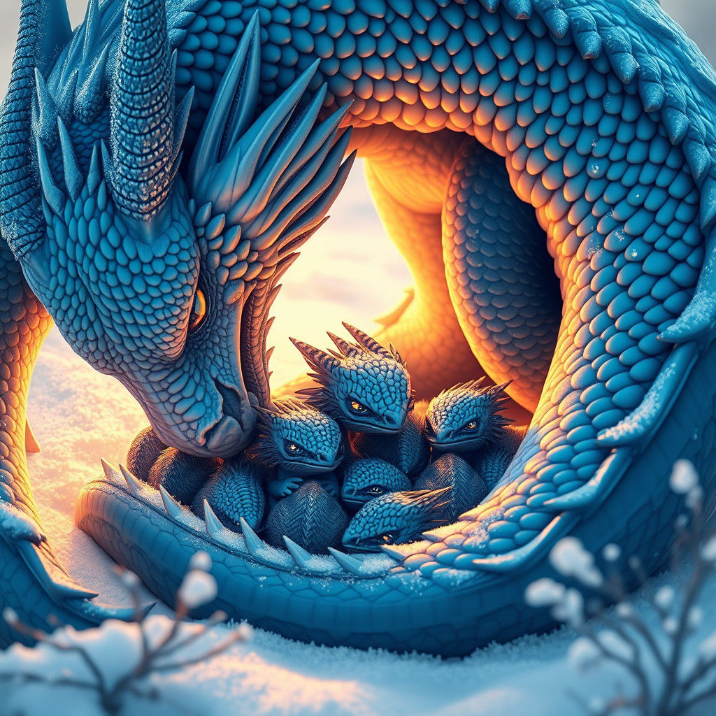 Blue Dragon Mother and Hatchlings in Winter Landscape