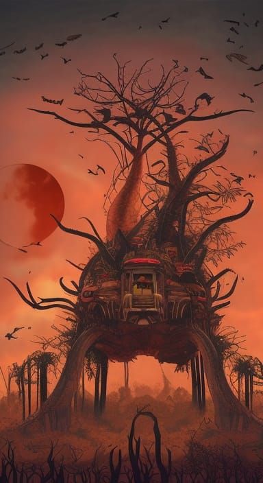 Post-Apocalyptic Jungle Girl Under Red Moon