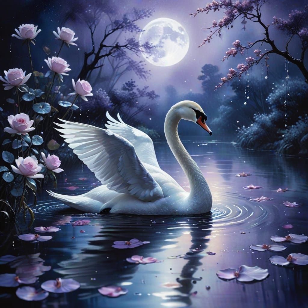 Serene Japanese Ink Wash Swan Under Sapphire Moon