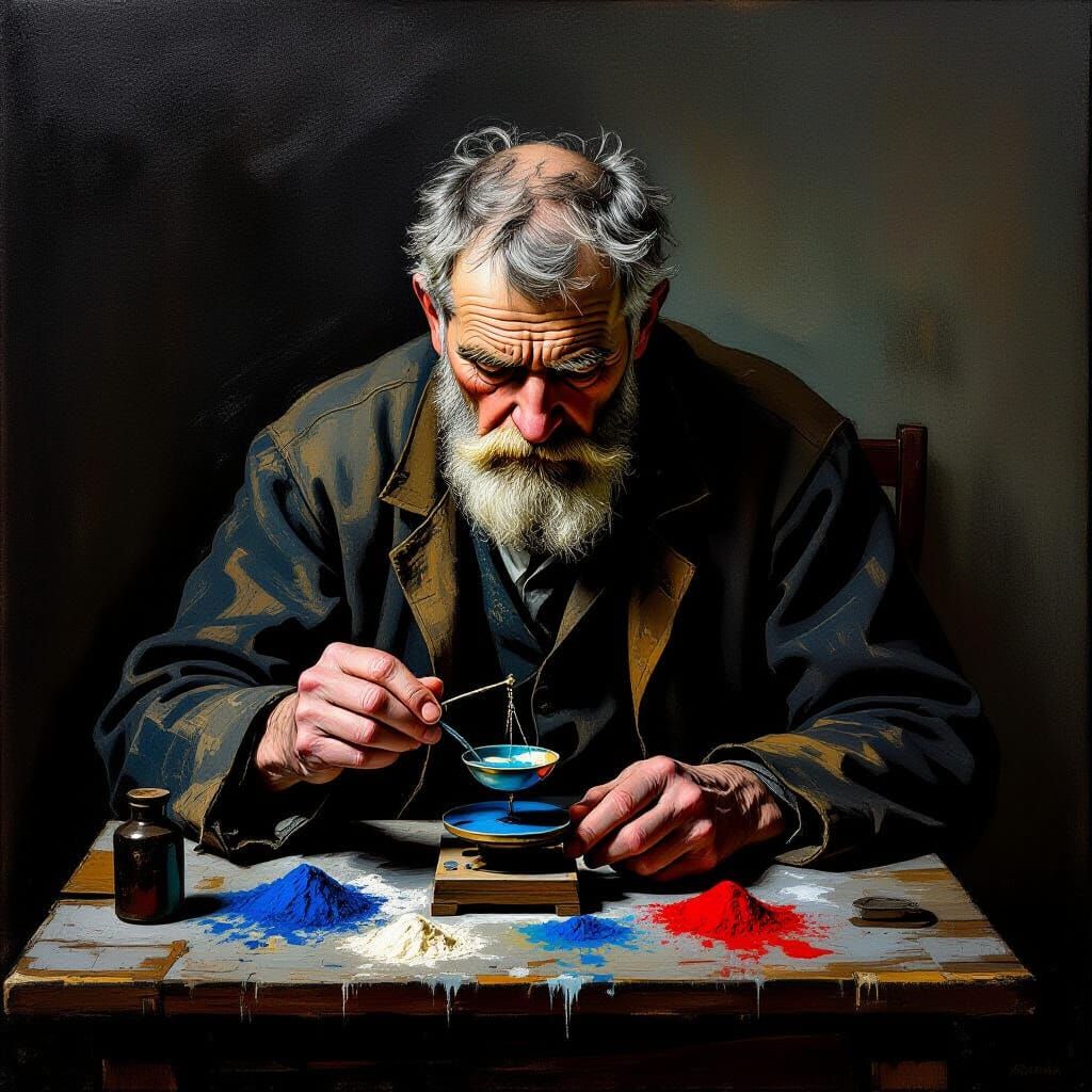 Elderly Alchemist Weighing Powders: Expressionist Style