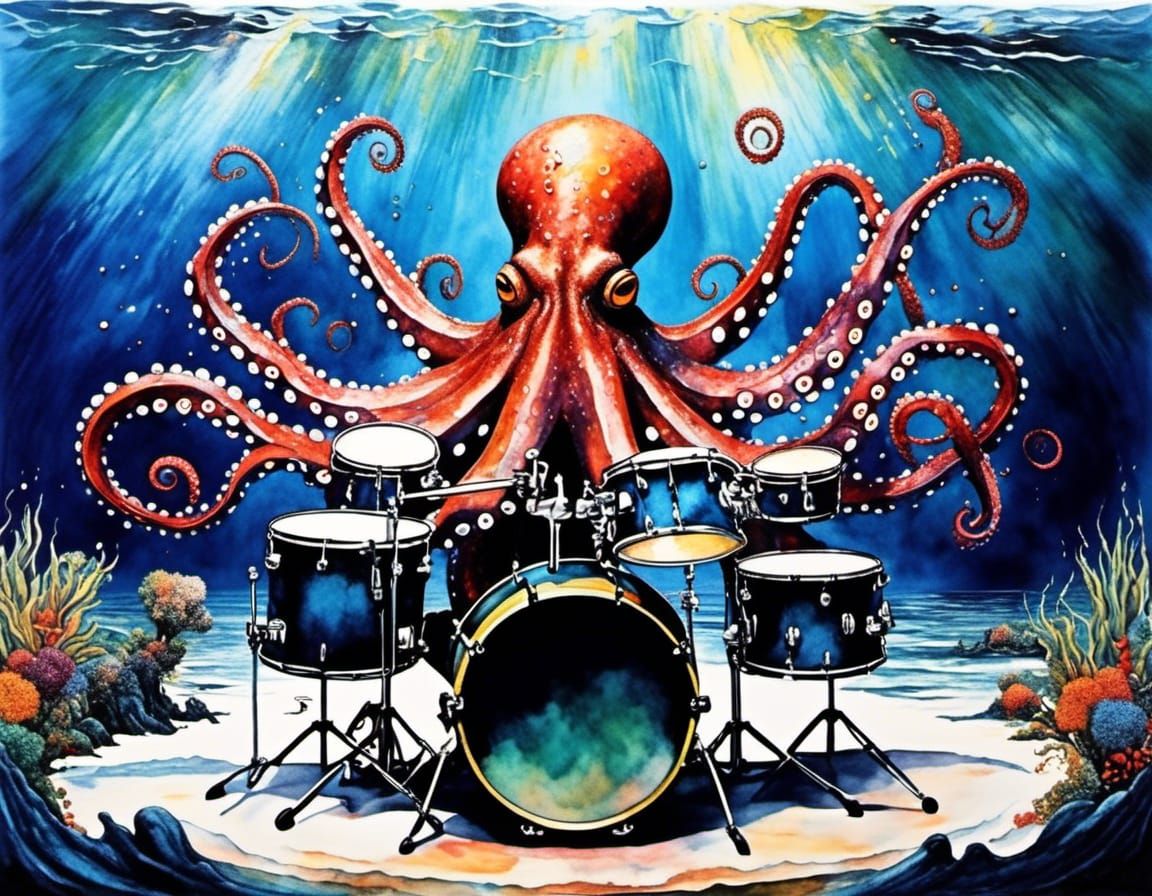 Octopus Drummer in Watercolor Style