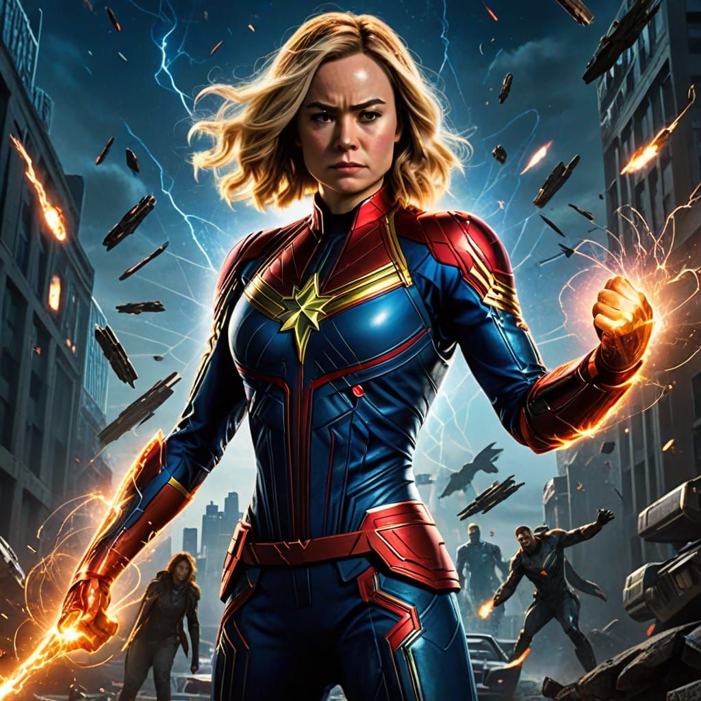 Heroic Captain Marvel Frozen in Cosmic Action