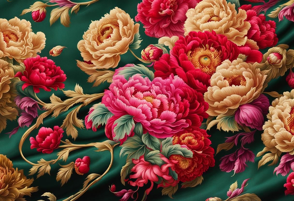 Atomic Peonies on Silk Fabric, Matte Painting