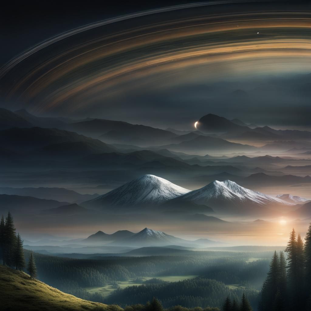 Saturn Rings Over Epic Mountain Landscape