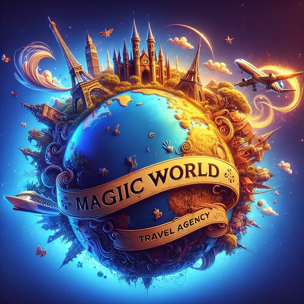 Magic World Travel Logo: Globe with Cartoon Mouse & Landmark...