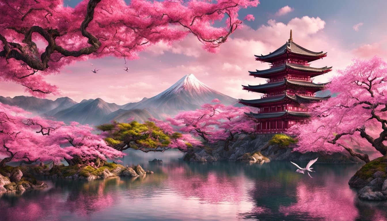 Stunning Pink Dragon Soars Above Sakura Trees on Serene Lake...