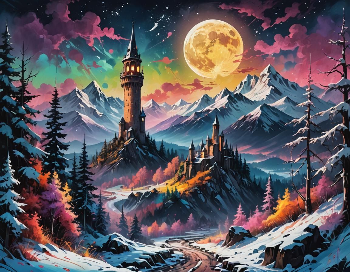 Dreamy Snowy Mountain Landscape in Graffiti Art Style