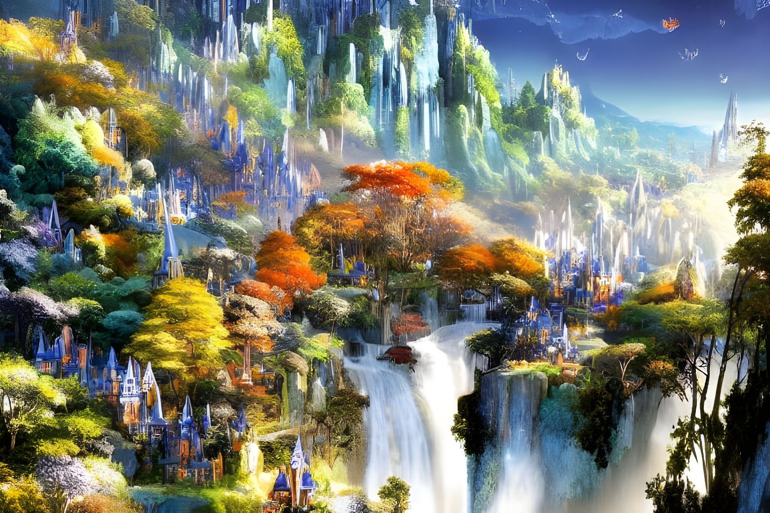 Rivendell Elven Village Sunset: Ghibli Inspired Architecture