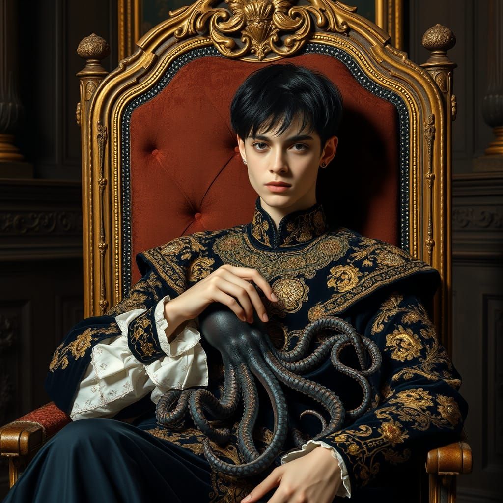 Elegant 14th-Century Noble with Squid Companion