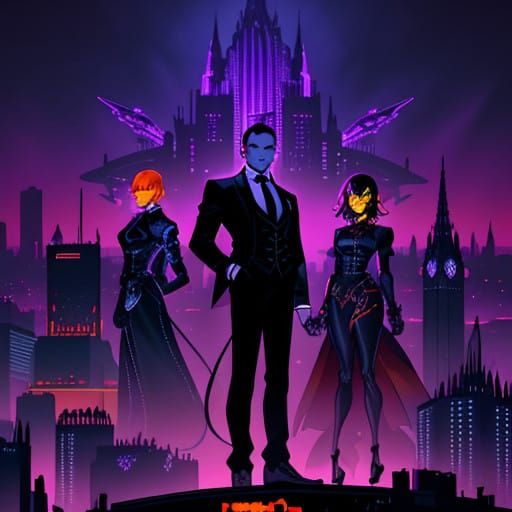 Men in Black Heroes Amidst Gothic Rooftop Futurism