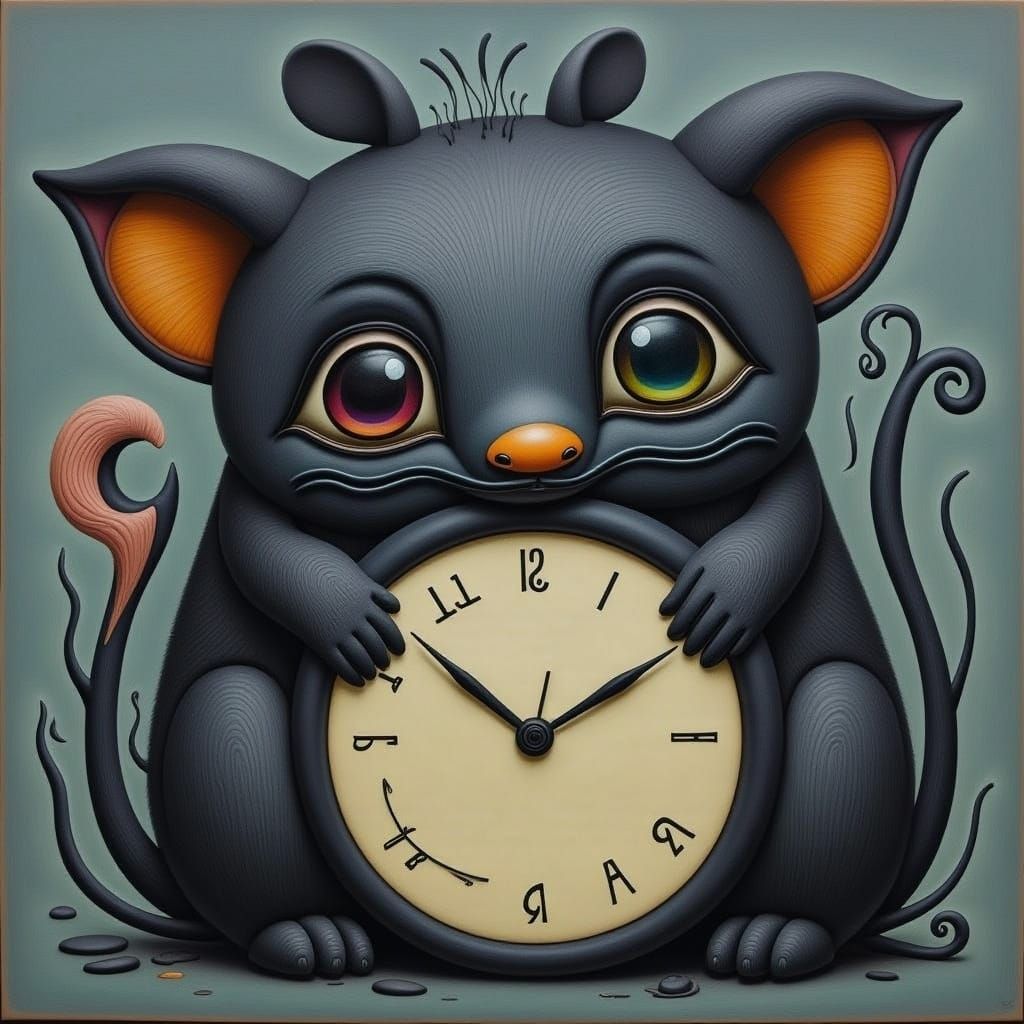 Cute Creature Holds Clock in Psychedelic Style