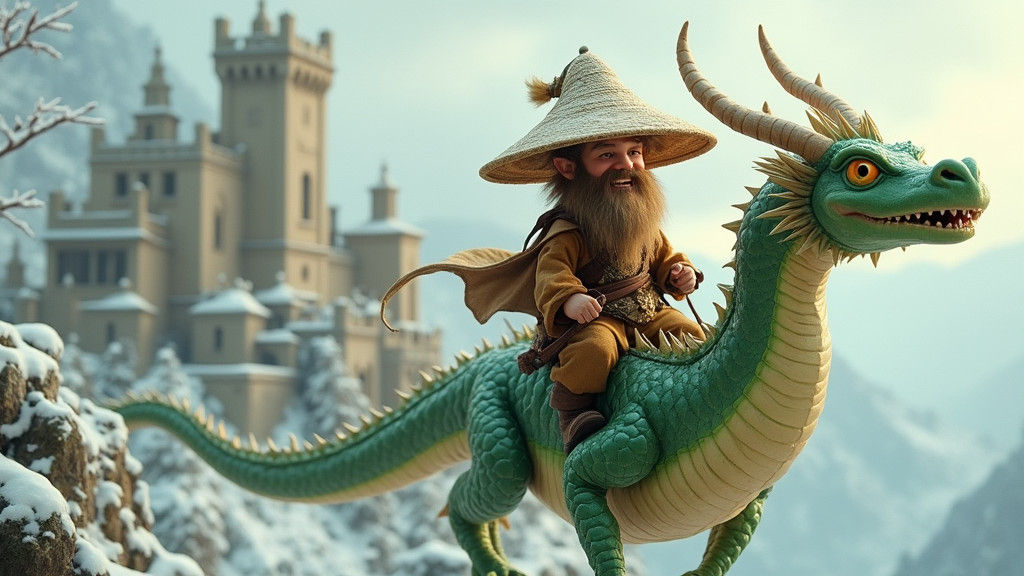 Halfling on Dragon Soaring Over Castle