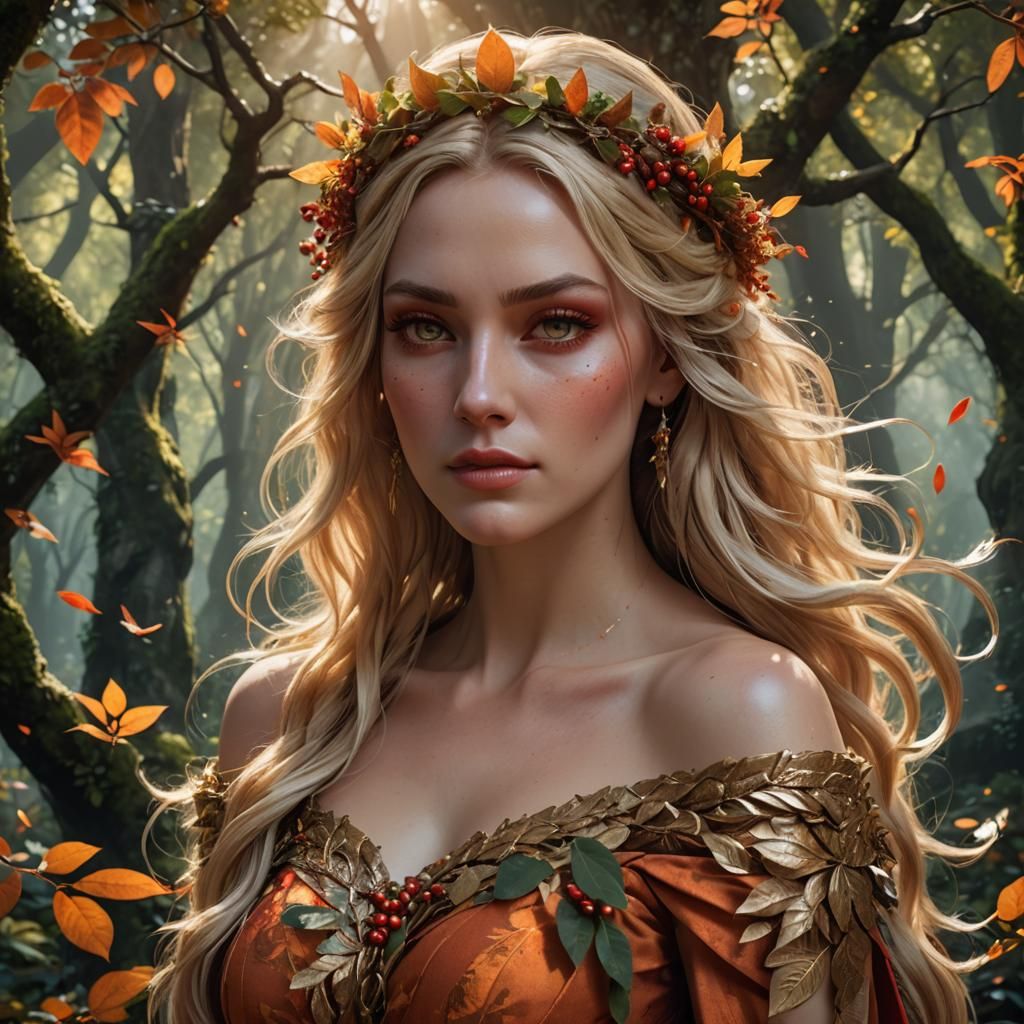 Forest Goddess with Flowing Hair and Fairies