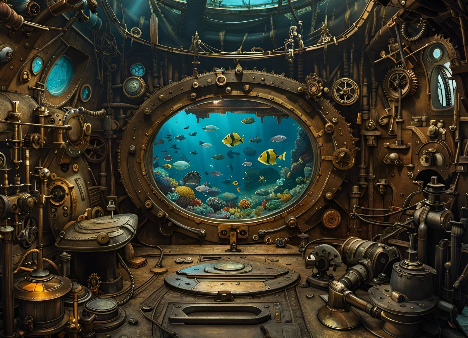 Steampunk Submarine Amidst Tropical Reef