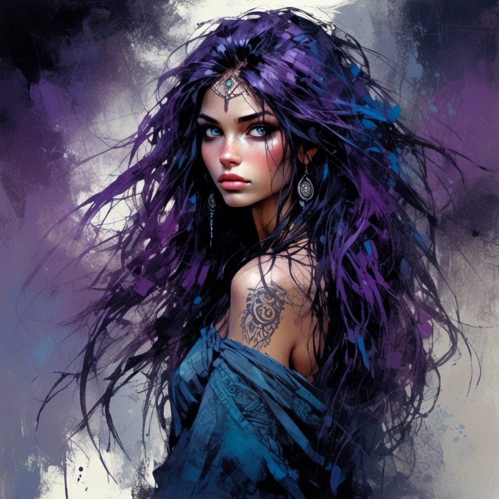 Mysterious Woman with Purple and Blue Hair