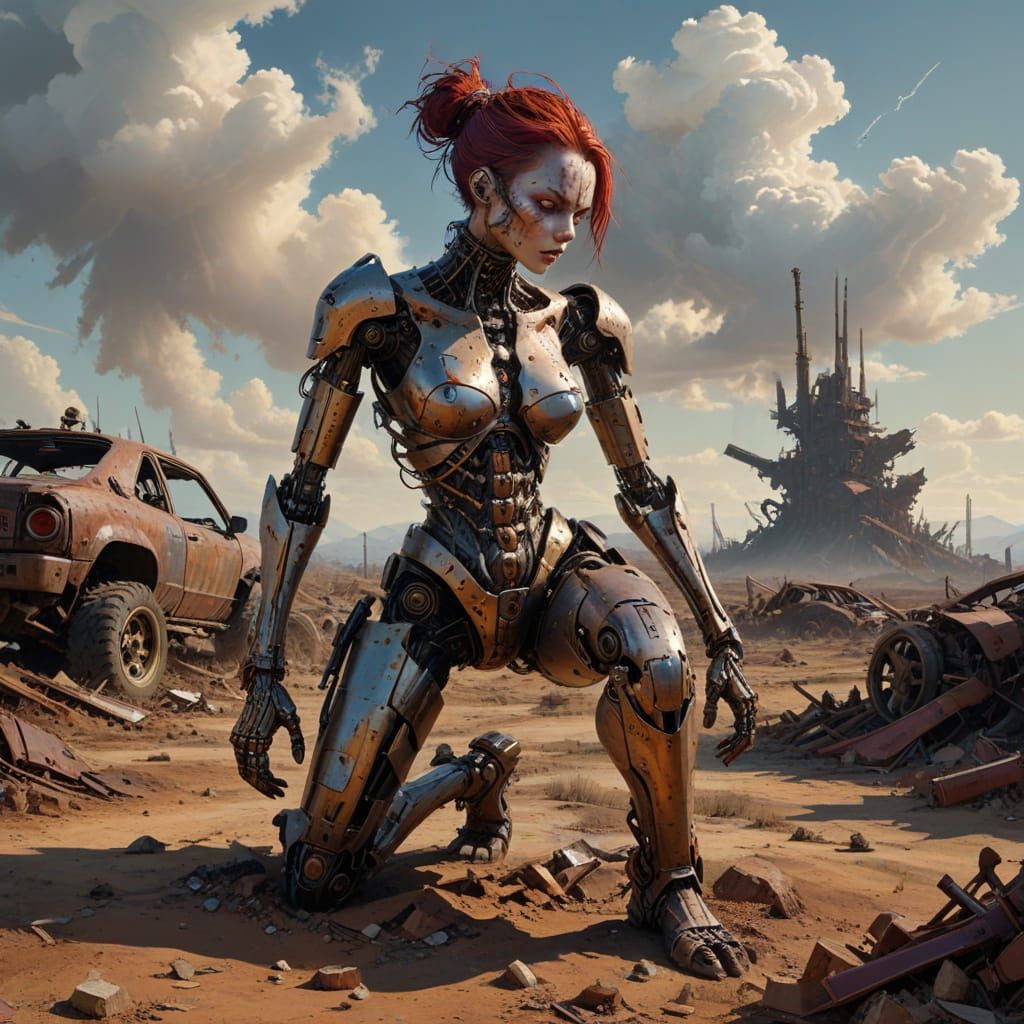Gothpunk Cyborg in Wasteland: An Impasto Masterpiece
