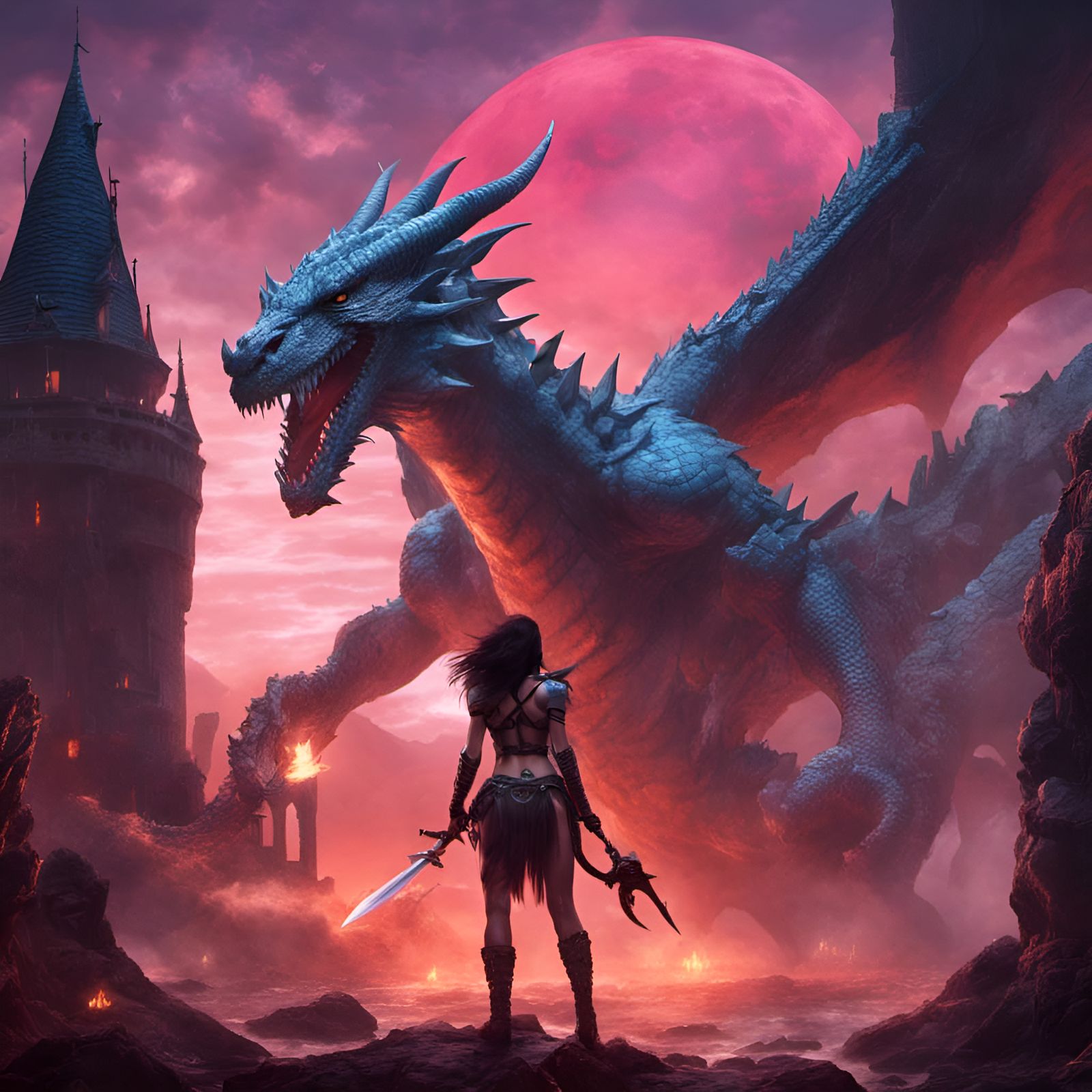 Barbarian Woman Battles Dragon in Fantasy World