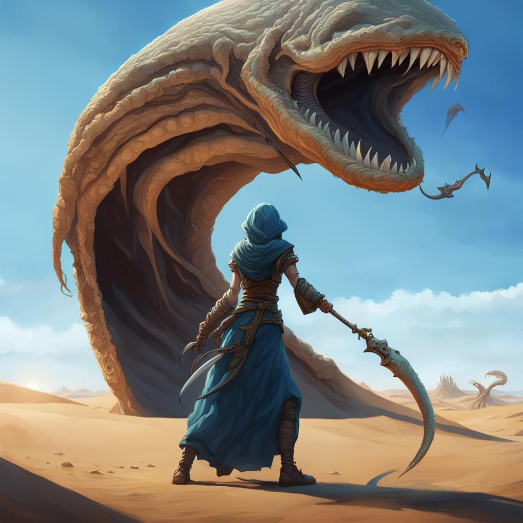 Fremen Woman and Sandworm in Detailed Dark Fantasy