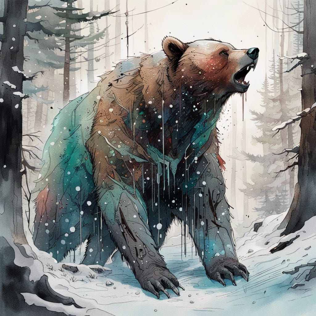Biomechanical Bear Roaring in Snowy Forest
