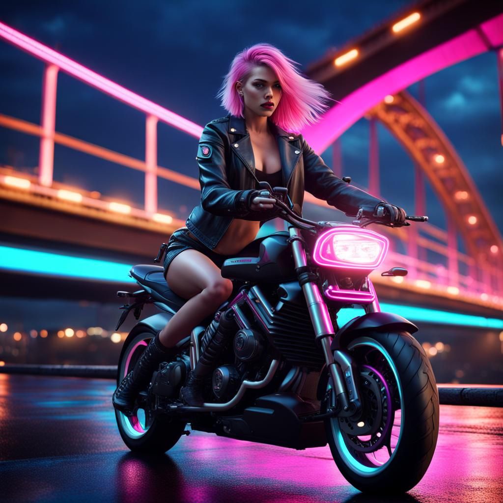 Futuristic Neon Motorbike Rider in Detailed Digital Painting