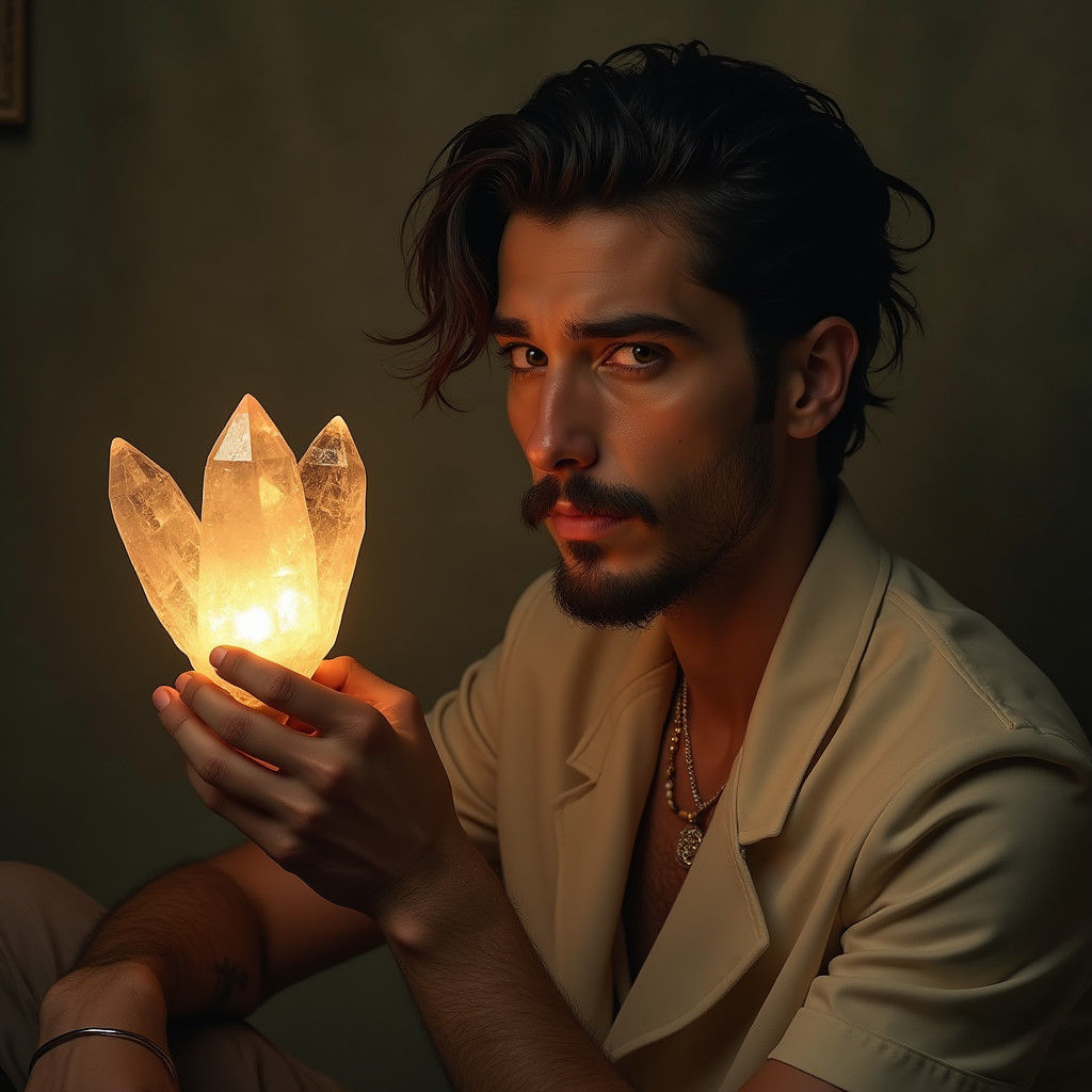 Mystical Man with Crystal Flower: Cinematic Portrait