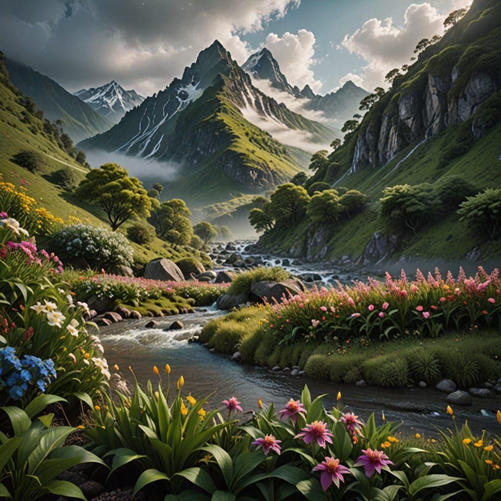 Surreal Mountain Landscape with Vibrant Flowers