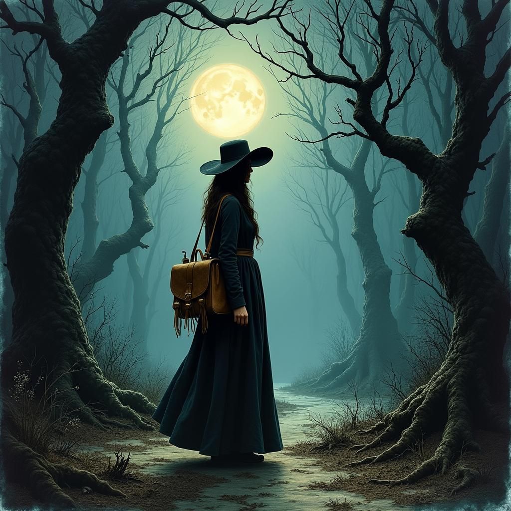 Mysterious Woman in Misty Forest, Ink Painting Style