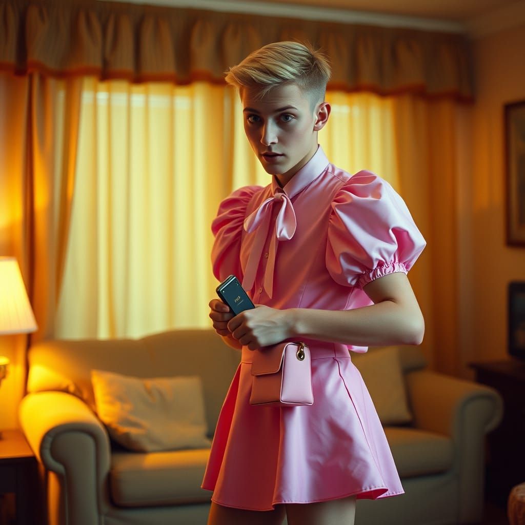 Young Man in Pastel Pink Attire, Surprised in Living Room