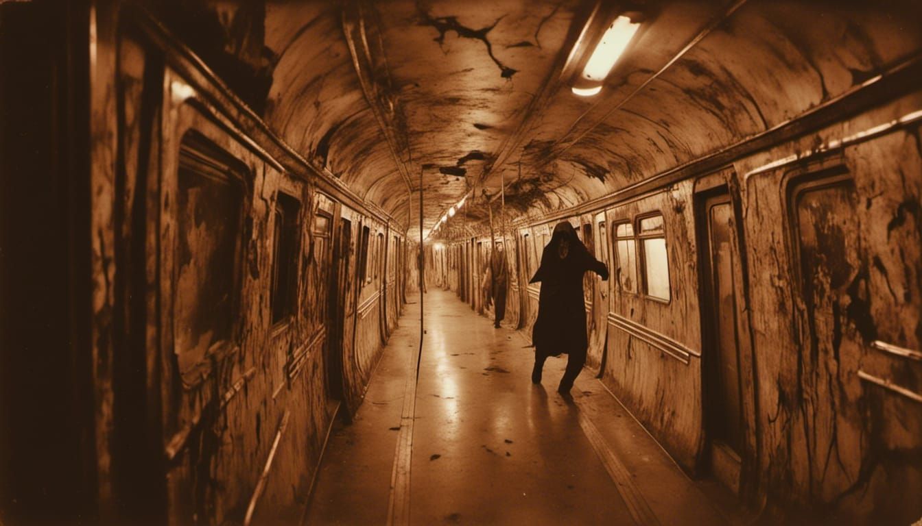 Macabre Dance: Man and Grim Reaper in Subway
