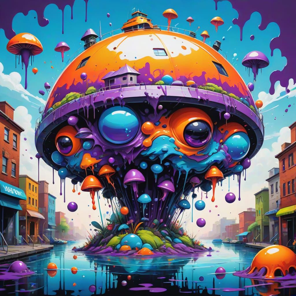 Surreal Floating Island with Glowing Mushrooms in Graffiti A...