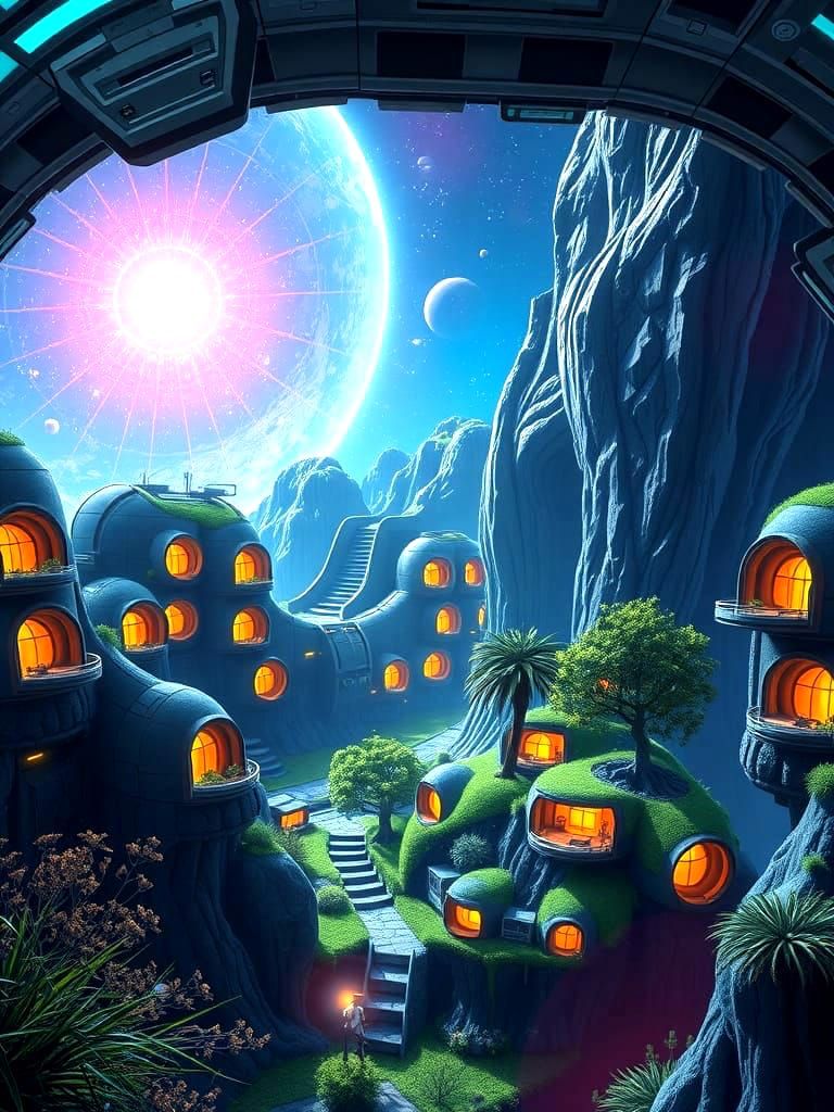 Sci-Fi Colony Ship with Futuristic Garden Interior