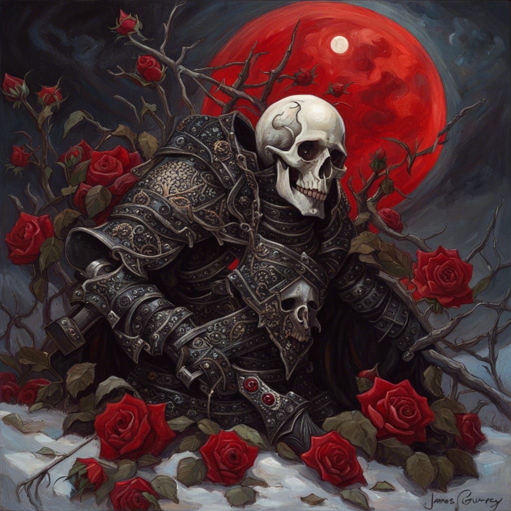 Gothic Knight Skull with Roses in Snow, Oil Painting