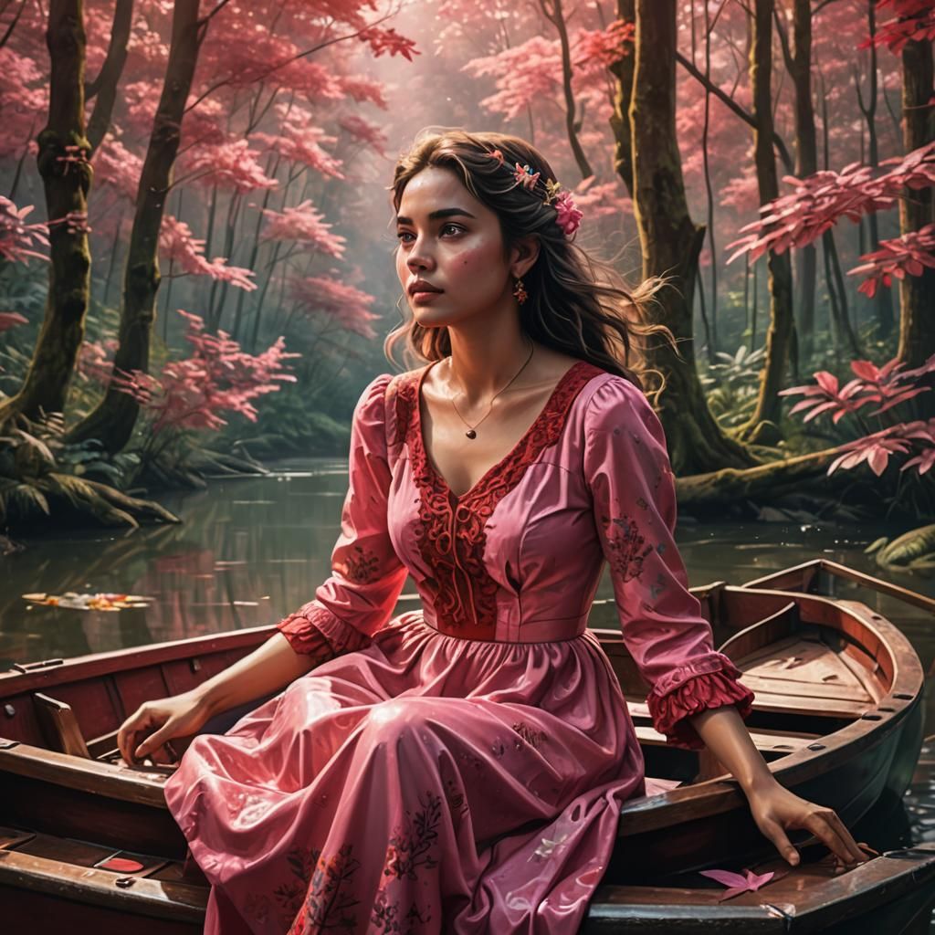Lady in Boat Amidst Forest, Hyperrealistic Art