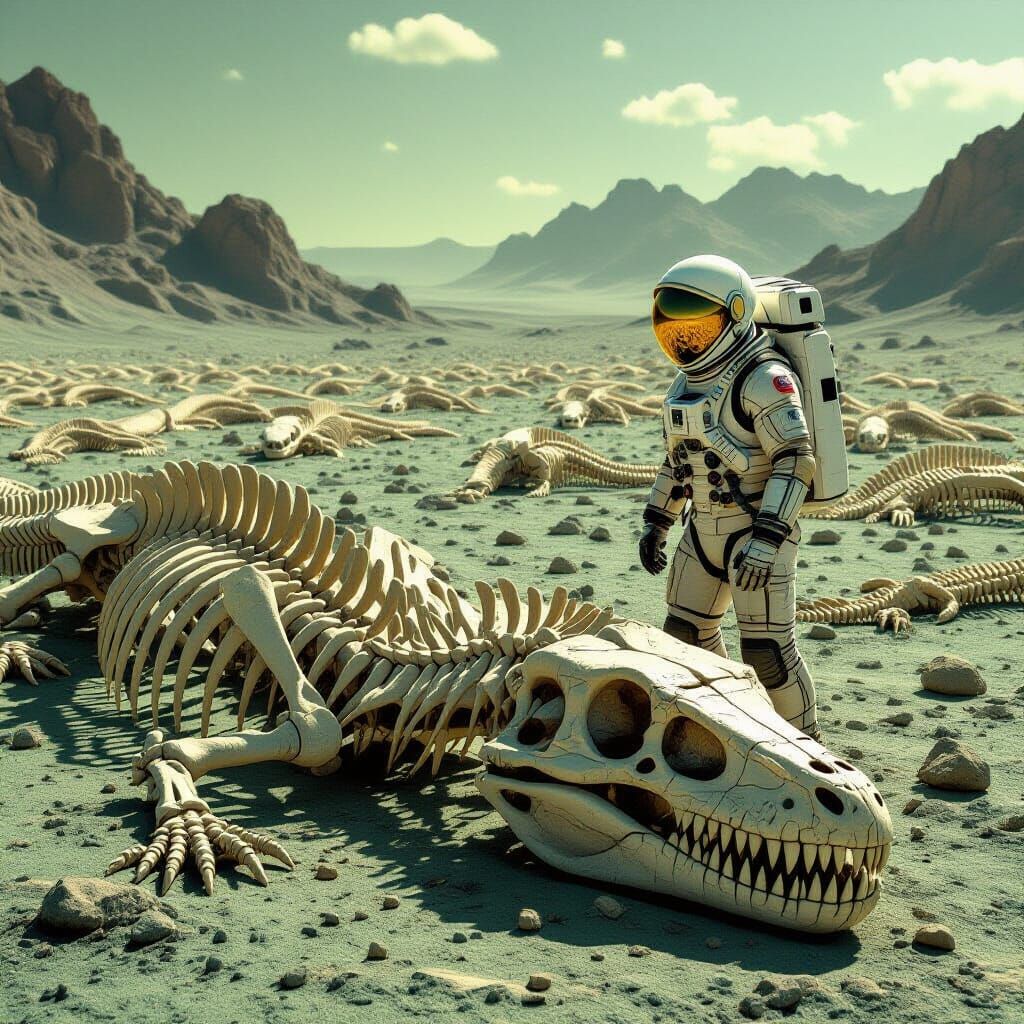 Astronaut's Horrified Gaze on a Planet of Skeletons