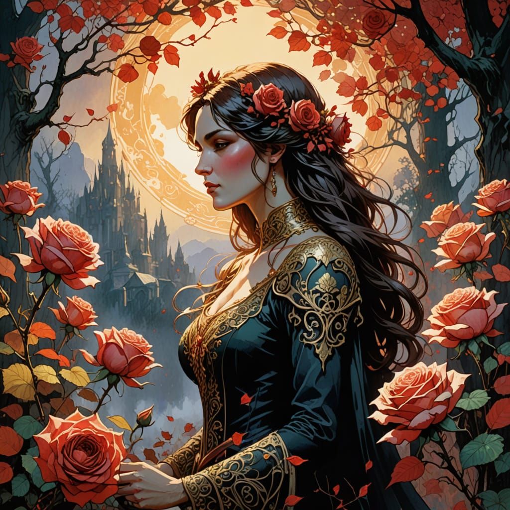 Majestic Rose Maiden in Autumnal Dreamscape