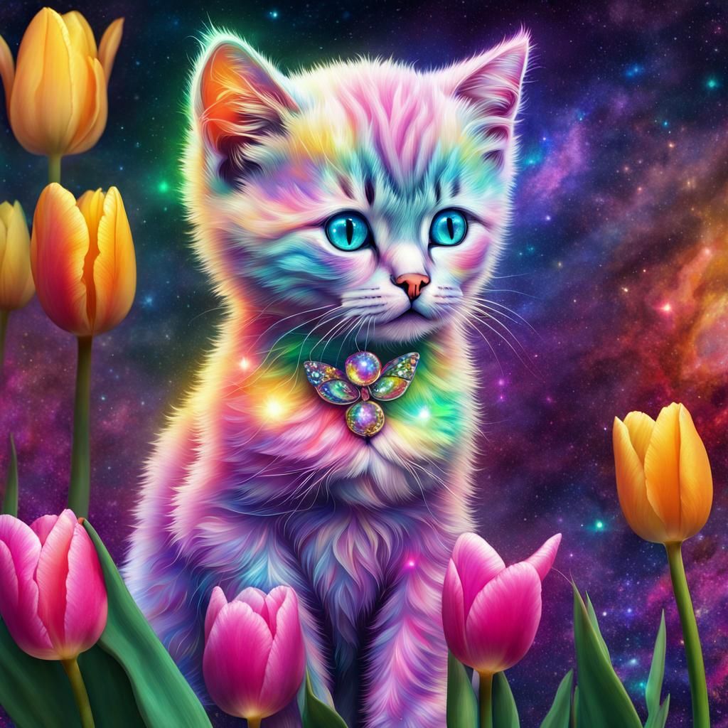 Jewel Kitten on Tulip: Holographic Astral Illustration