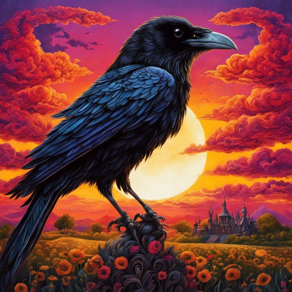 Gothic Raven with Colorful Sunset Background